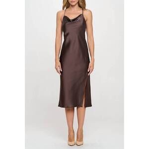 NEW RENEEC. satin bias slip dress with slit in chocolate